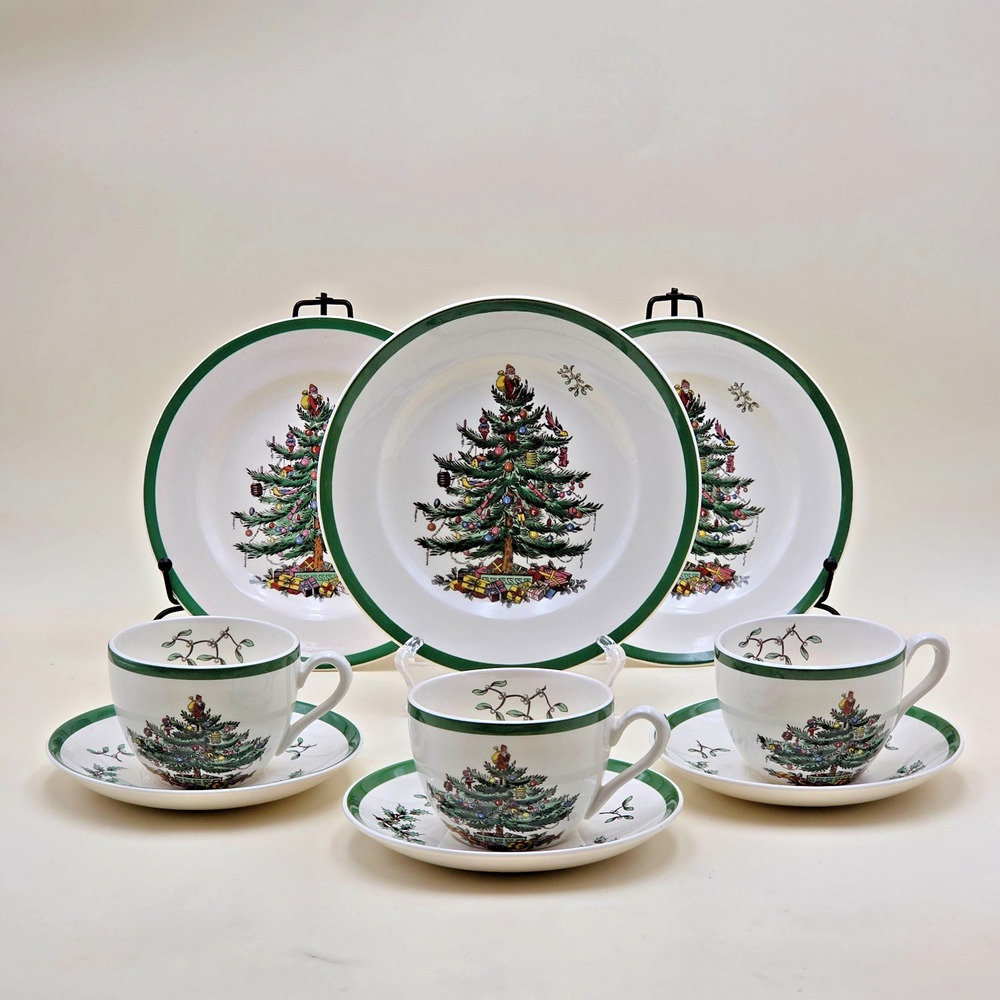 Spode Christmas Tree S3324 Trio Tea Set 3 Cups Saucers Dessert Plates England